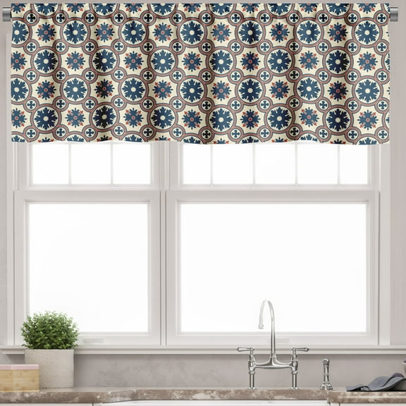 Ambesonne Floral Window Valance, Ornate Circles Inspiration, 54" X 12", Ruby Beige Navy Blue