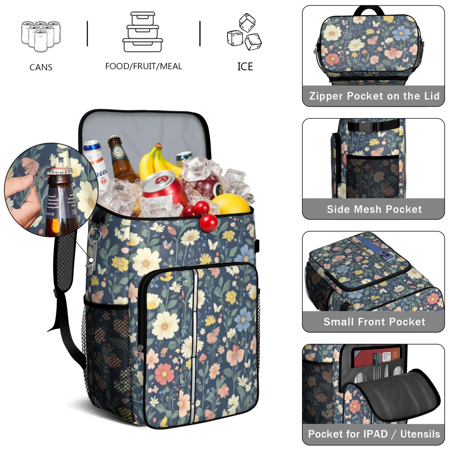 Travel Cooler Bag - Pioneer Flower Camping Beer Cooler Backpack with Bottle Opener- Waterproof Insulated Picnic Backpacks - Cooler Bag for Beach