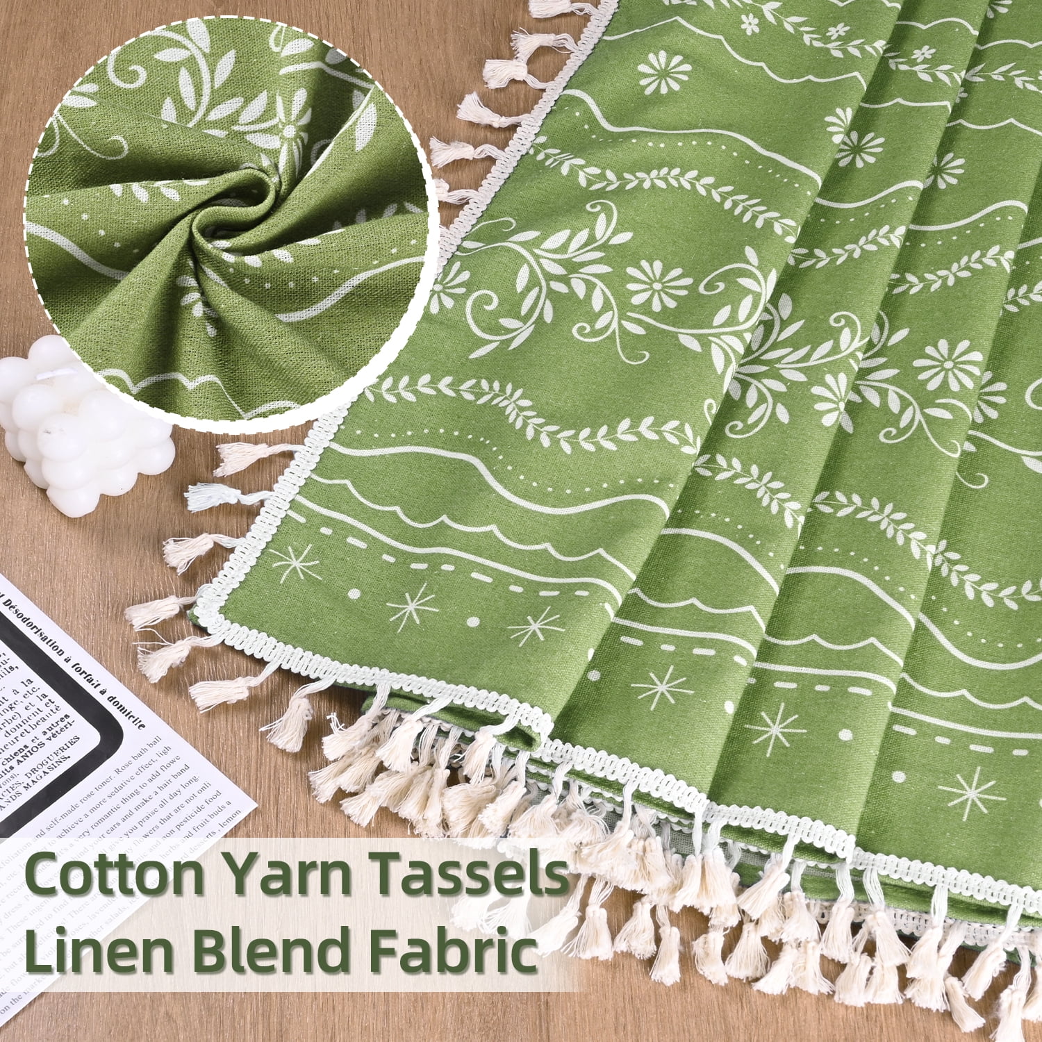 Invoibler Boho Farmhouse Sage Green Light Filtering Linen Curtains with Tassels & White Pattern, 52"x 84", 2 Panels
