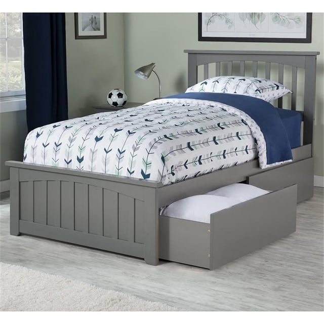 Mission Lit Plateforme Simple en Bois avec Pied de Lit Assorti et Tiroirs de Rangement, Gris