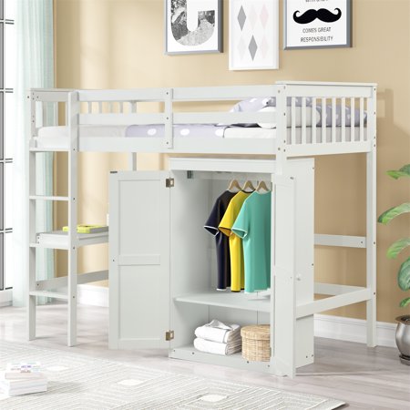 Loft Bed with Desk and Wardrobe  Twin Size Loft Bed Frame with Full-Length Guardrails and Ladder Multifunctional Solid Wood Loft Bed with Under Bed Storage for Boys Girls No Box Spring Needed  White