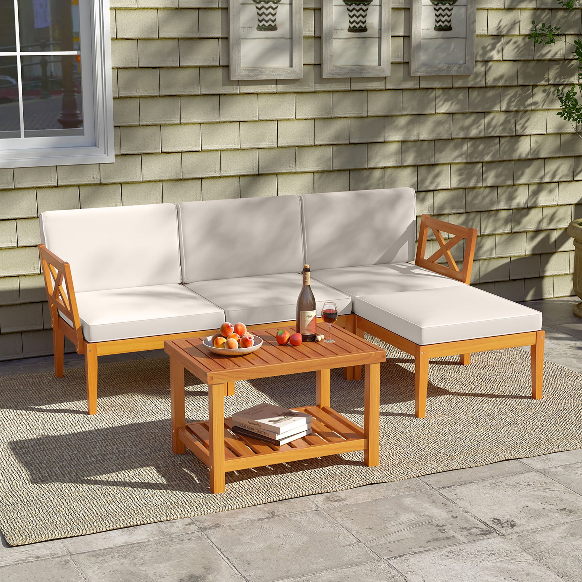Gymax 5 PCS Acacia Wood Patio Furniture Set w/ 2-Tier Coffee Table and Cushions
