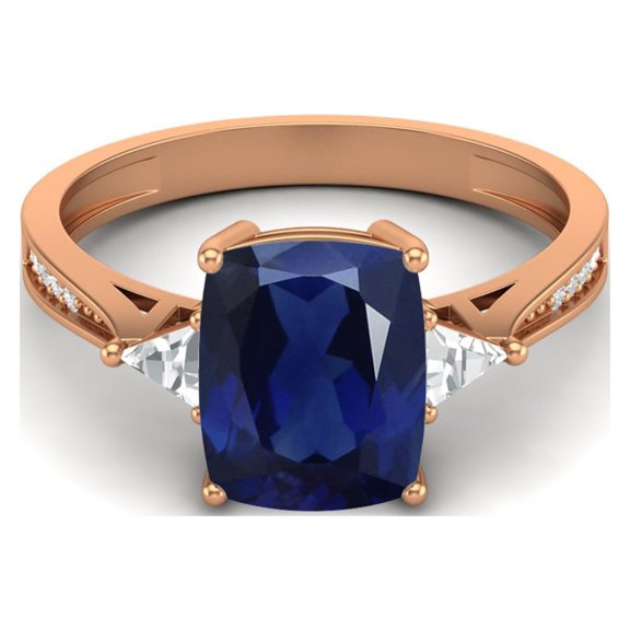 925 Sterling Silver Rose Vermeil 9X7mm Cushion Simulated Blue Sapphire Solitaire Women Valentines Day Gifts Ring