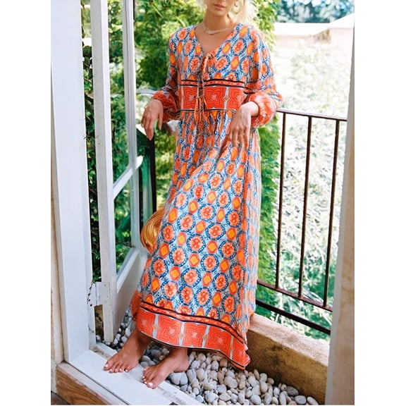 Boho Vintage Women Long Sleeve Geometry Floral Print Beach Bohemian Maxi Dress Ladies Tie Neck Rayon Cotton Summer Sundress
