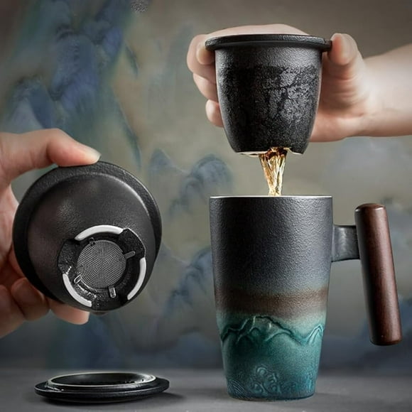 Matty's Garden Ceramic Tea Mug with Infuser and Lid Tea Mugs Wooden Handle 14 ounces | Black Coffee Mug with Lid and Infuser