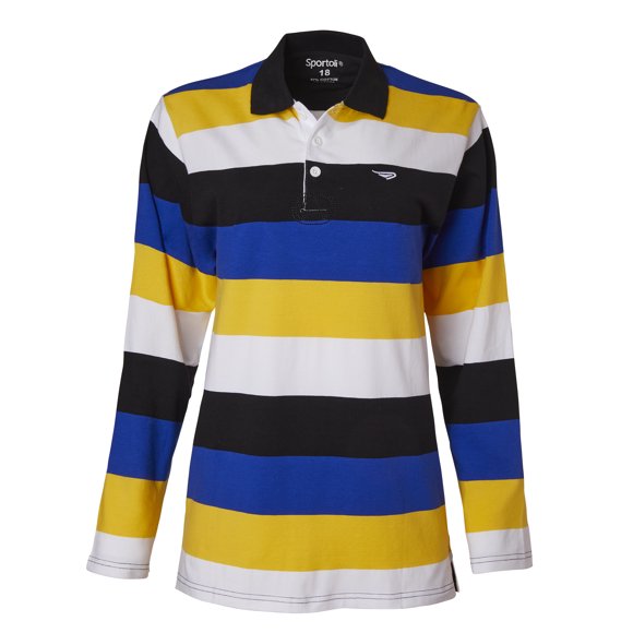 Sportoli Boys Cotton Wide Striped Long Sleeve Polo Rugby Shirt - Blue/Black/Yellow (Size 10)