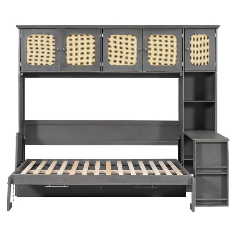 Full Size Murphy Bed with Desk and Open Shelf, Space-Saving Wall Folding Platform Bed Frame with Rattan-Door Cabinets