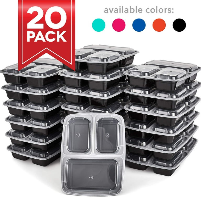 DASH Reusable BPA Free Meal Prep Containers + Bento Box with 3 Compartment  Plates & Lids for Food Storage or Healthy Portion Control, 20 pack, Black 