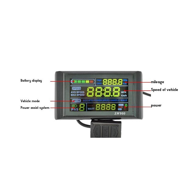Sw900 Pantalla a color Pantalla inteligente Bicicleta eléctrica Bicicleta de montaña Pantalla LCD 6 núcleos Cable impermeable