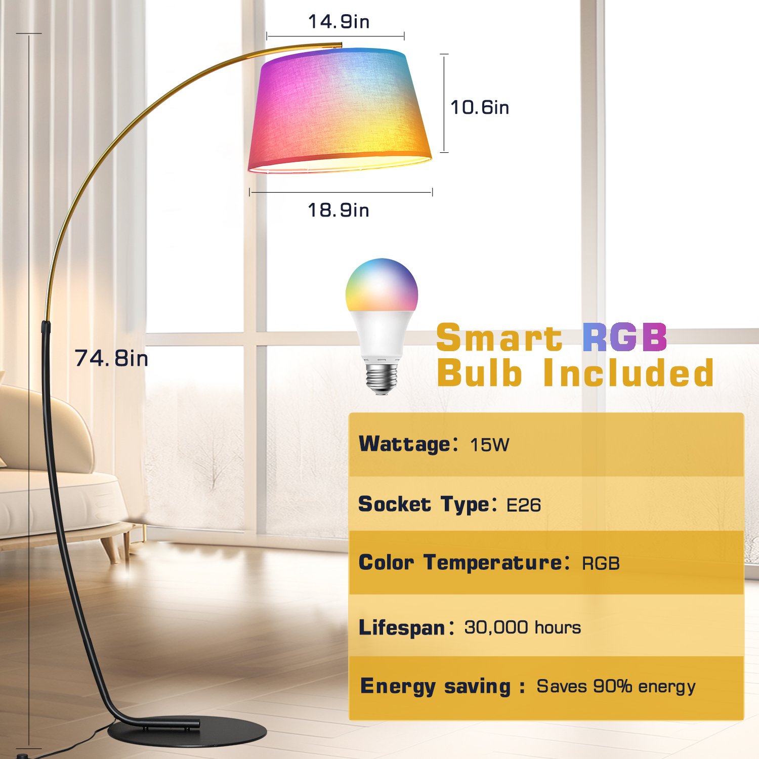 Arc Floor Lamps for Living Room 74 inch Tall Gold & Black Pole with 15W Dimmable RGB Bulb