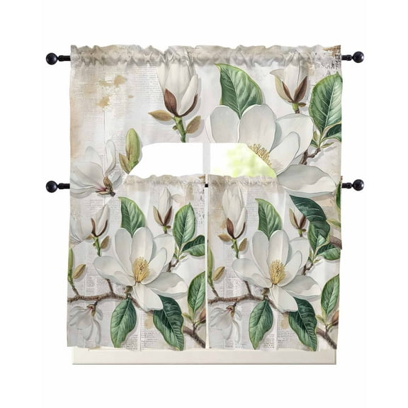 Flowers Leaves Kitchen Curtains Swag Valance and Tier Curtains Set 36 Inch Length, Farmhouse White Botanical Magnolia Retro Rod Pocket Drape Panels Pair Swag Curtain for Bathroom/Cafe/Window