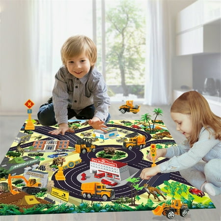 Diecast Engineering Construction Vehicle Toy Set w/ Play Mat, Truck Carrier, Forklift, Bulldozer, Road Roller, Excavator, Dump Truck, Tractor, Alloy Metal Car Play Set for Kids