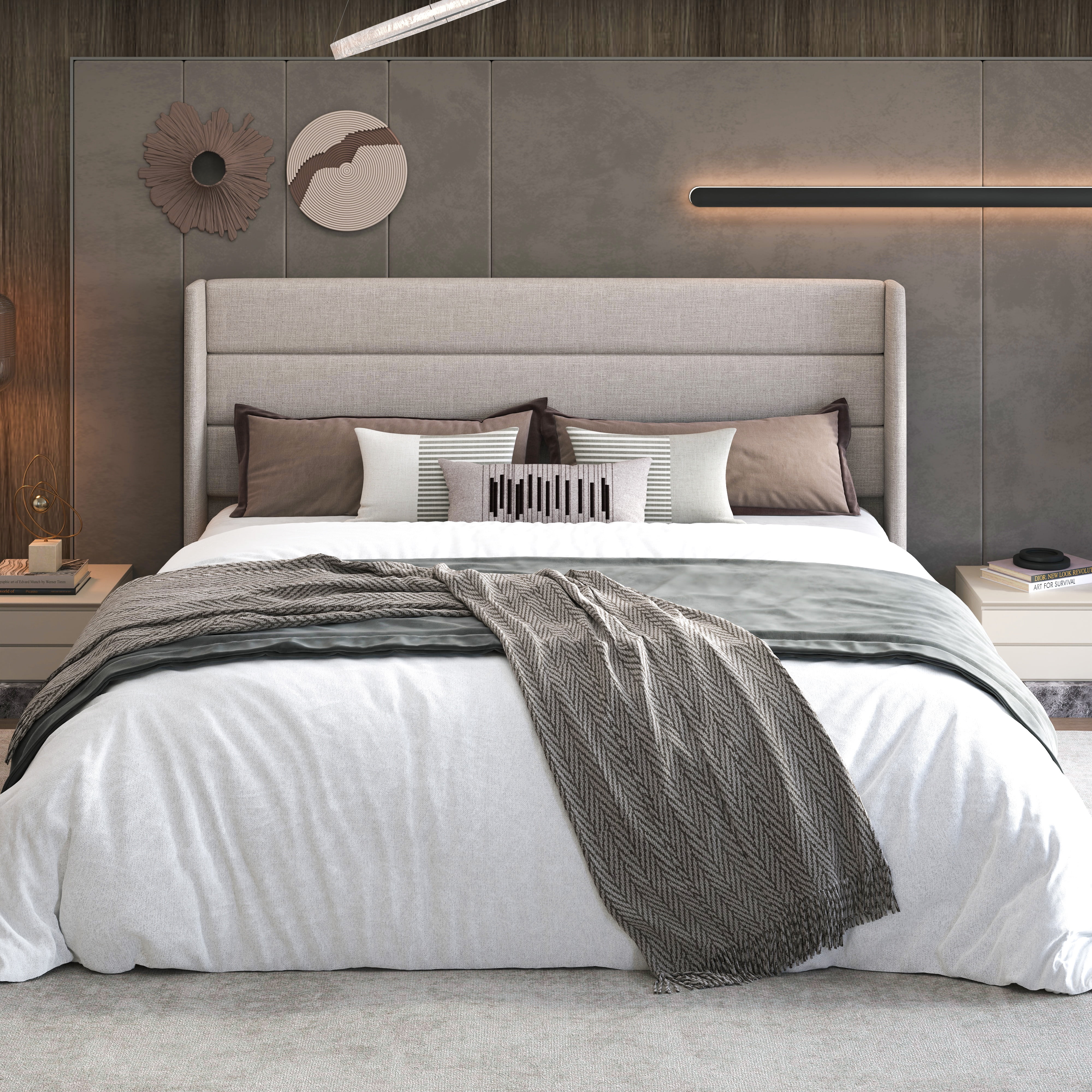 Sha Cerlin King Size Lift Up Hydraulic Storage Bed Frame, Platform Bed with Fabric Upholstered Wingback Headboard, No Box Spring Needed, Beige