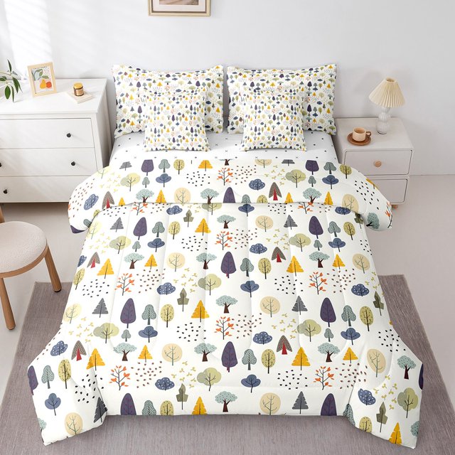 Erosebridal Teens Rustic Tree Bedding Sets Full Size, Cartoon Plant Comforter Sets with Sheets, Botanical Decor, 7 Pieces