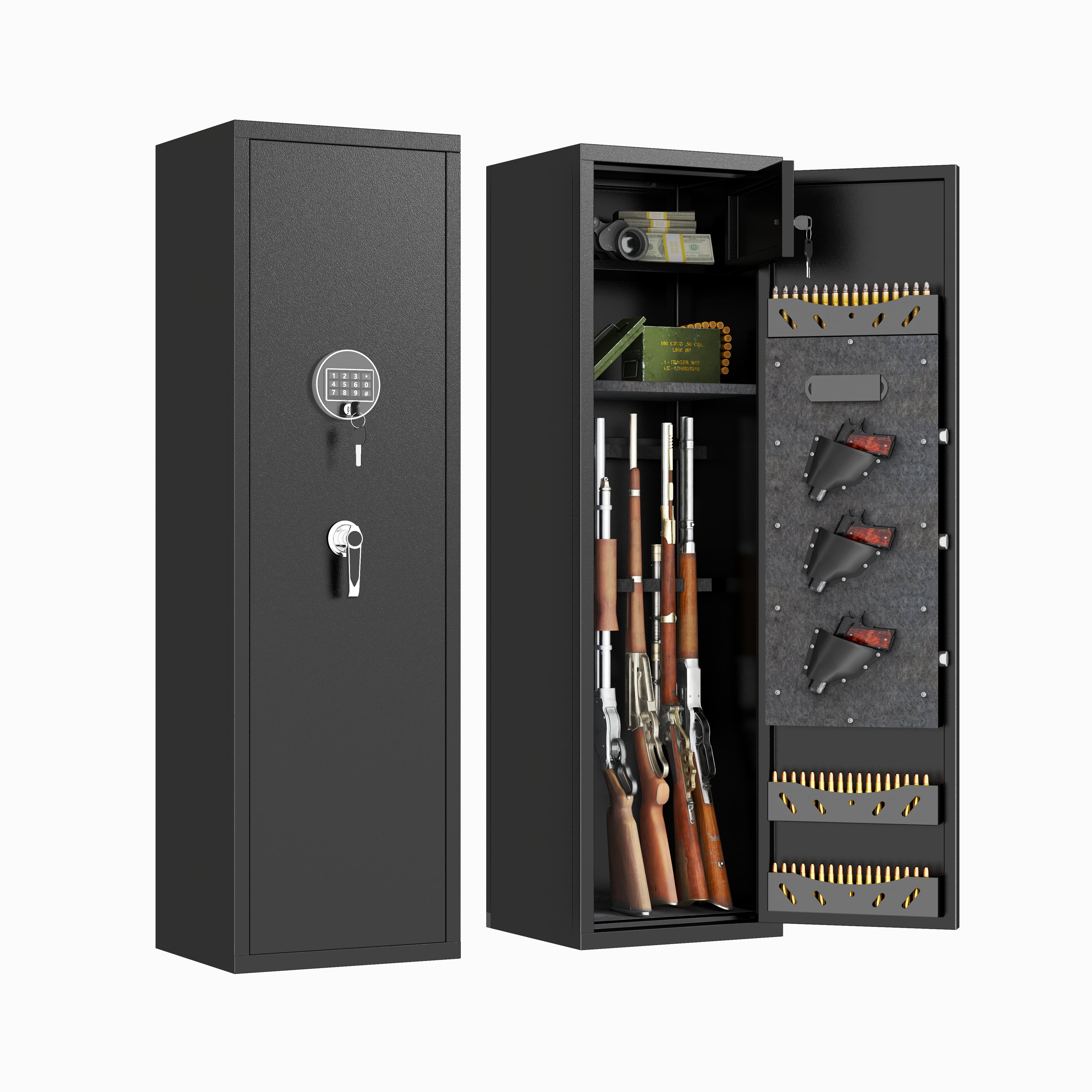 57" High Large Capacity Mechanical Gun Safe for Rifles & Handguns, Digital Password Lock, Built-In Independent Lock Box, Adjustable Shelves