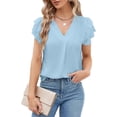 thumbnail image 2 of Laqbezok V-Neck Flutter Sleeve Blouse, Women's Casual Short Sleeve Top, Fashion Tiered Ruffle Cap Shirt, Summer Loose Fit Tunic, Lightweight Solid Color Pullover, 2 of 5