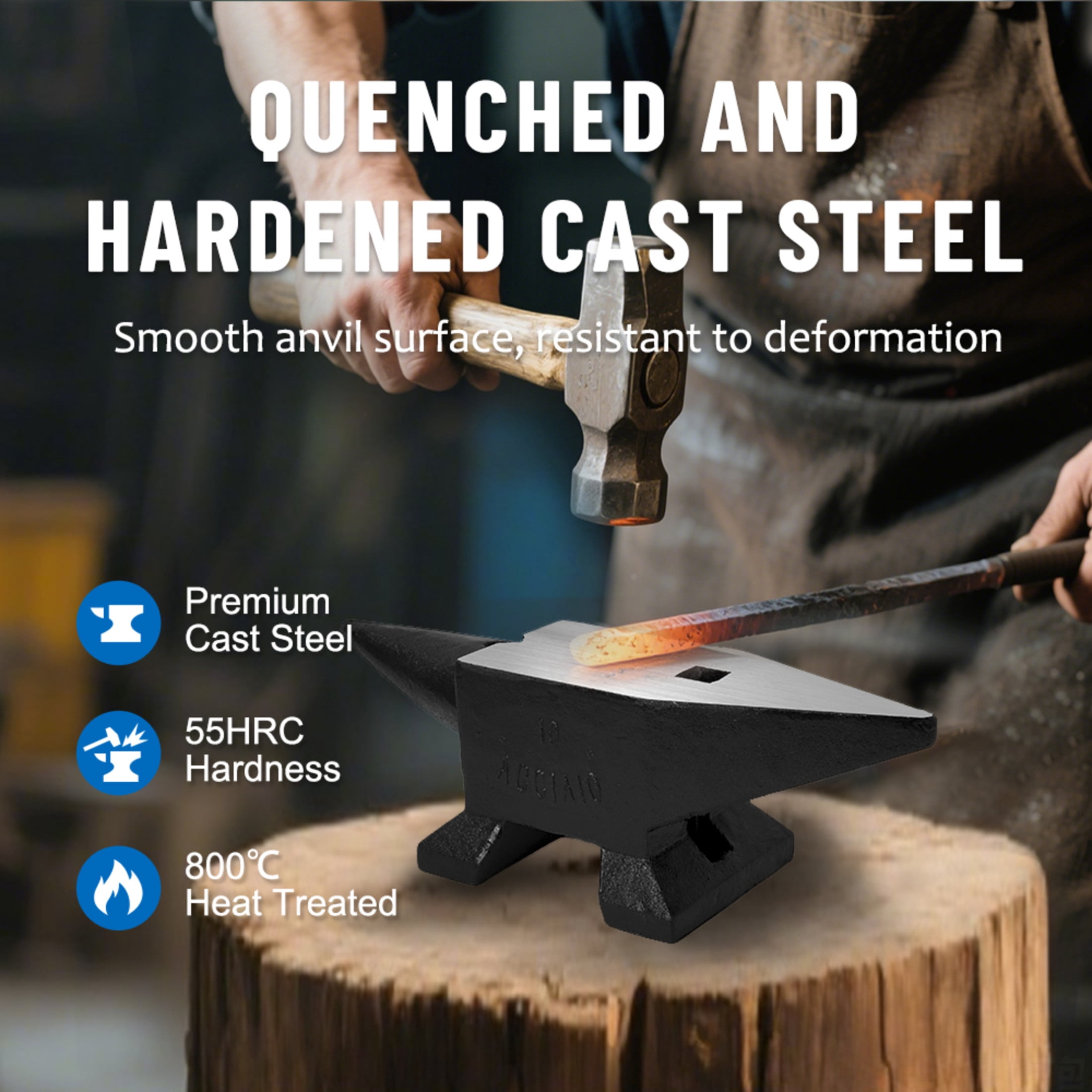 Noble House 22 lb Cast Steel Single Horn Anvil, 55 HRC Blacksmith Forging Tool with Hardy Hole