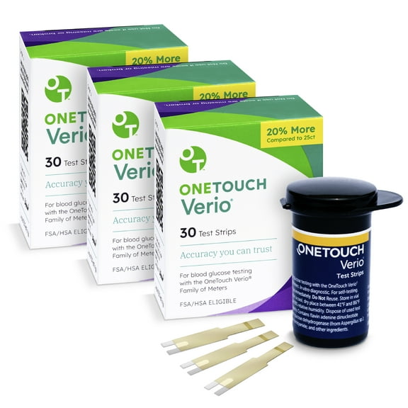 OneTouch Verio Test Strips for Diabetes Value Pack - 90 Count | Diabetic Test Strips for Blood Sugar Monitor | Home Self Glucose Testing | 3 Boxes, 30 Test Strips Per Pack