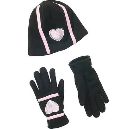 Girl's Fleece Gloves and Beanie Set with Hearts