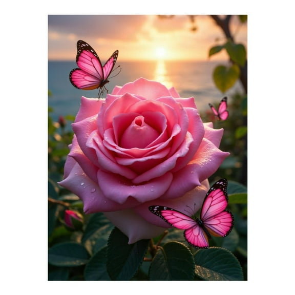 Diamond Art Kits for Adults - 5d Pink Rose Butterflies Sunset Scene Diamond Painting for Adults, Diamond Art for Adults Beginners, Diamond Painting Kits for Adults for Home Wall Decor