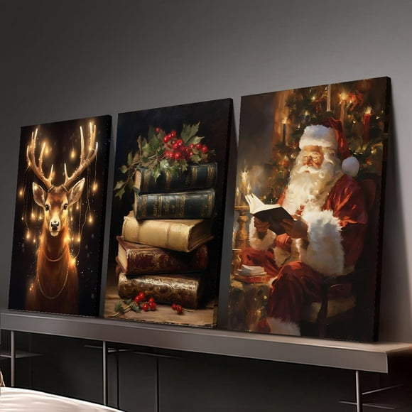 3pcs Wood Frame Canvas Print Decorative Painting, rustic farmhouse art, Nordic style, reindeer, books, Santa Claus, Christmas decoration, Indoor home wall decoration art Christmas decoration