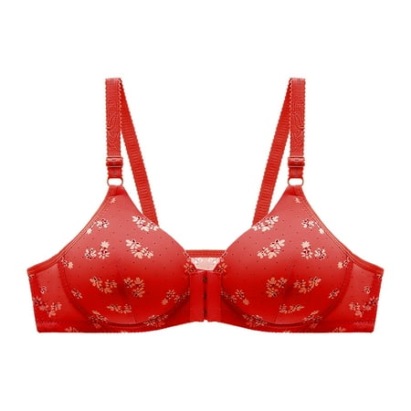 Front Closure Bras for Women Floral Print Adjustable Straps Wirefree Seamless Full Coverage Push Up Everyday Bra Red 38 C