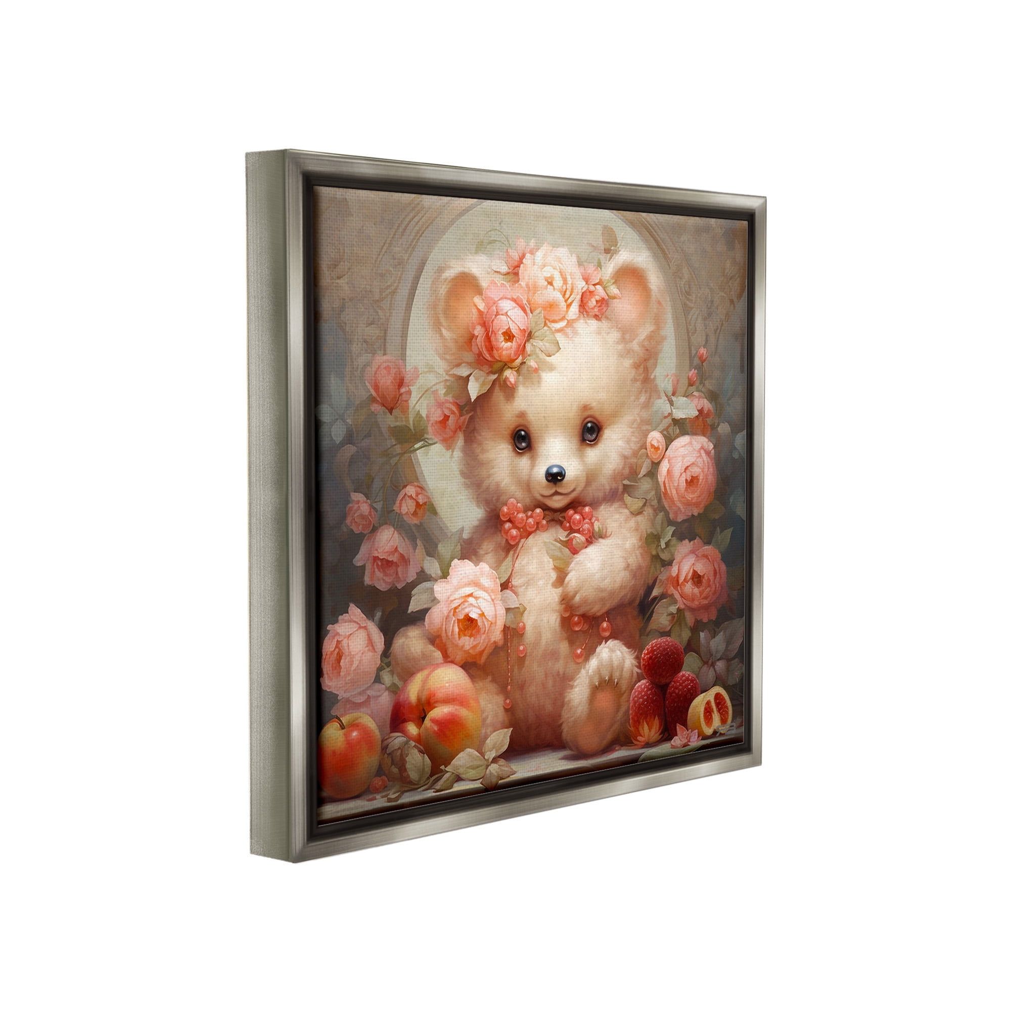 Stupell Industries Bear with Fruits & Flowers Animals & Insects Painting Gray Floater Framed Canvas Art Print Wall Art, 25 x 25