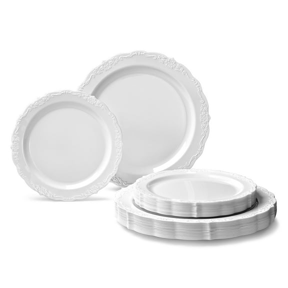 " OCCASIONS " 50 Plates Pack (25 Guests)-Vintage Wedding Party Disposable Plastic Plate Set -25 x 10'' Dinner   25 x 7.5'' Salad/Dessert plates (Verona Plain White)