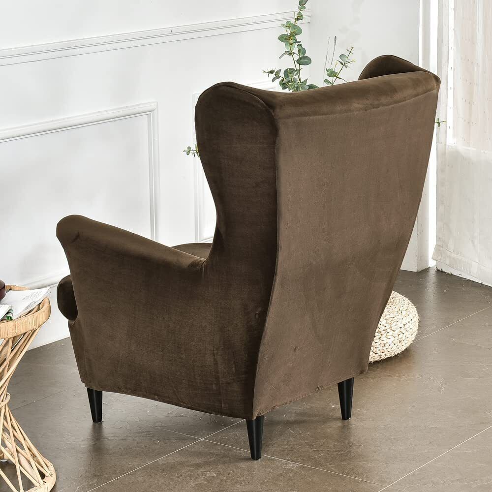 2-Piece Stretch Wingback Slipcover, Elastic Velvet Armchair Chair Cover Protector, Includes 1pcs Base Protective Cover and 1pcs Cushion Protective Cover, Coffee - image 3 of 5