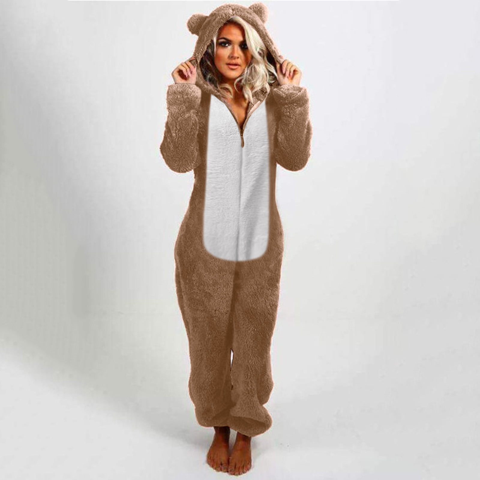 QATAINLAV Sherpa Fleece Jumpsuit for Women Winter Warm Fuzzy Onesie Pajamas Cute Cat Hooded Romper Casual Zip Up Overalls Sleepwear Back Packs Sales for School Khaki 3XL