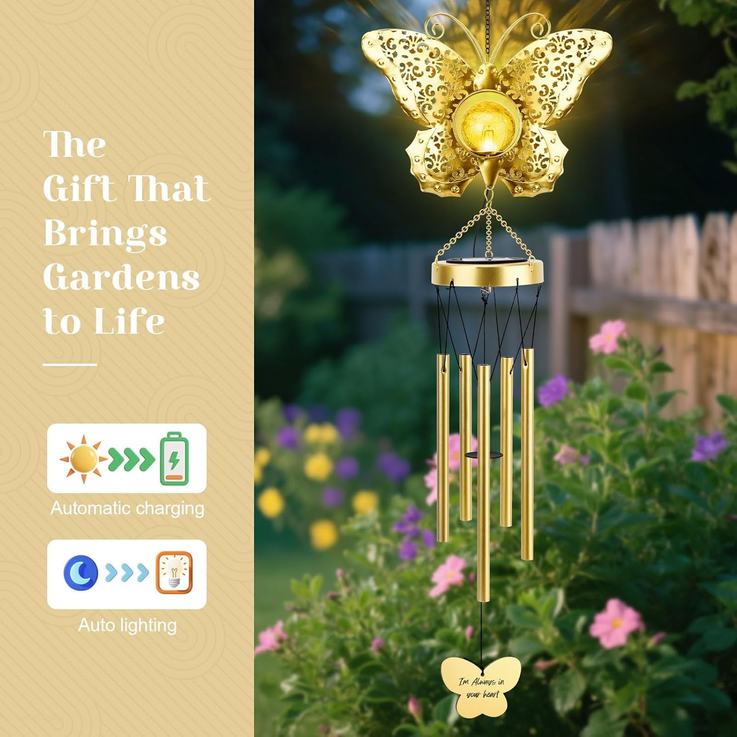 JYPS Butterfly Solar Wind Chimes with Crackle Glass Ball, 42-Inch Large Waterproof Outdoor Garden Decor for Patio Yard, Unique Gifts for Women Mom Grandma, Mother's Day Birthday Easy-Install Design