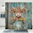 thumbnail image 3 of Cute Highland Cow Shower Curtain, Rustic Teal Turquoise Daisy Flower Bath Curtain, Botanical Funny Animals Farmhouse Wooden Bathroom Accessories Cabin for Bathroom Curtains, 72X72in, 3 of 5