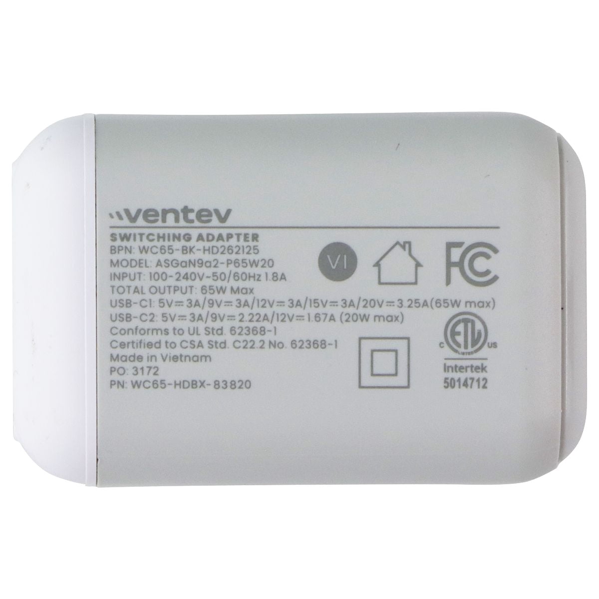 Ventev WC65-HDBX-83820 65W Ultrafast USB C Universal Dual Gan Mini Wall Charger - Gray