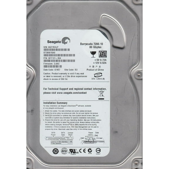 ST380815AS, 6QZ, SU, PN 9CY131-304, FW 3.AAC, Seagate 80GB SATA 3.5 Hard Drive