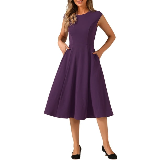 Unique Bargains Wear to Work Dress for Women s Cap Sleeve Elegant Cinched Waist a Line Dress Deep Purple S