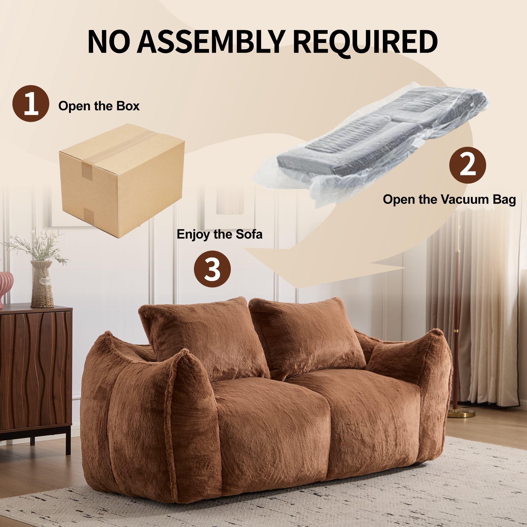 FFH Bean Bag Chair for Adults, 75" Oversized Loveseat Bean Bag Sofa with 2 Pillows, Lazy Sofa Reading Chaise Lounge Couch for Living Room, Bedroom, Brown