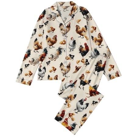 Lotusprinthandmade Cute Chicken All-over Print Satin Pajamas Set (4XL) - Farm Animal Pajamas Set