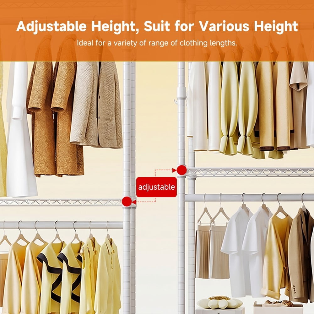 Heavy Duty Rolling Garment Rack, 3-Tier Adjustable Wire Shelving Clothes Rack with 2 Hanging Rods, Side Hooks & Lockable Wheels, White