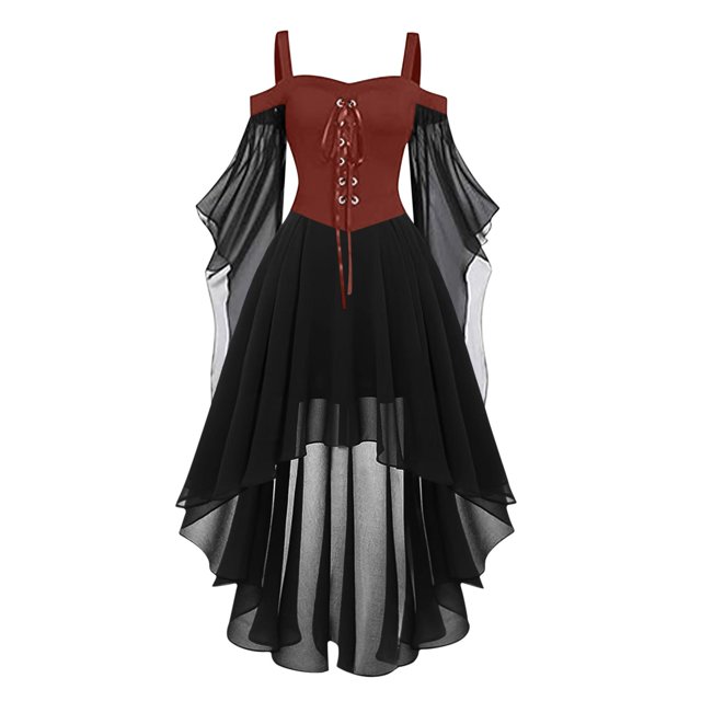 TIEVOSA Robes pour Femmes Grande Taille Mode Style Gothique Robe Midi Vintage Corset Manches Longues Évasées Robe Longueur Irrégulière Robe en Chiffon à Manches Courtes Robe de Soirée