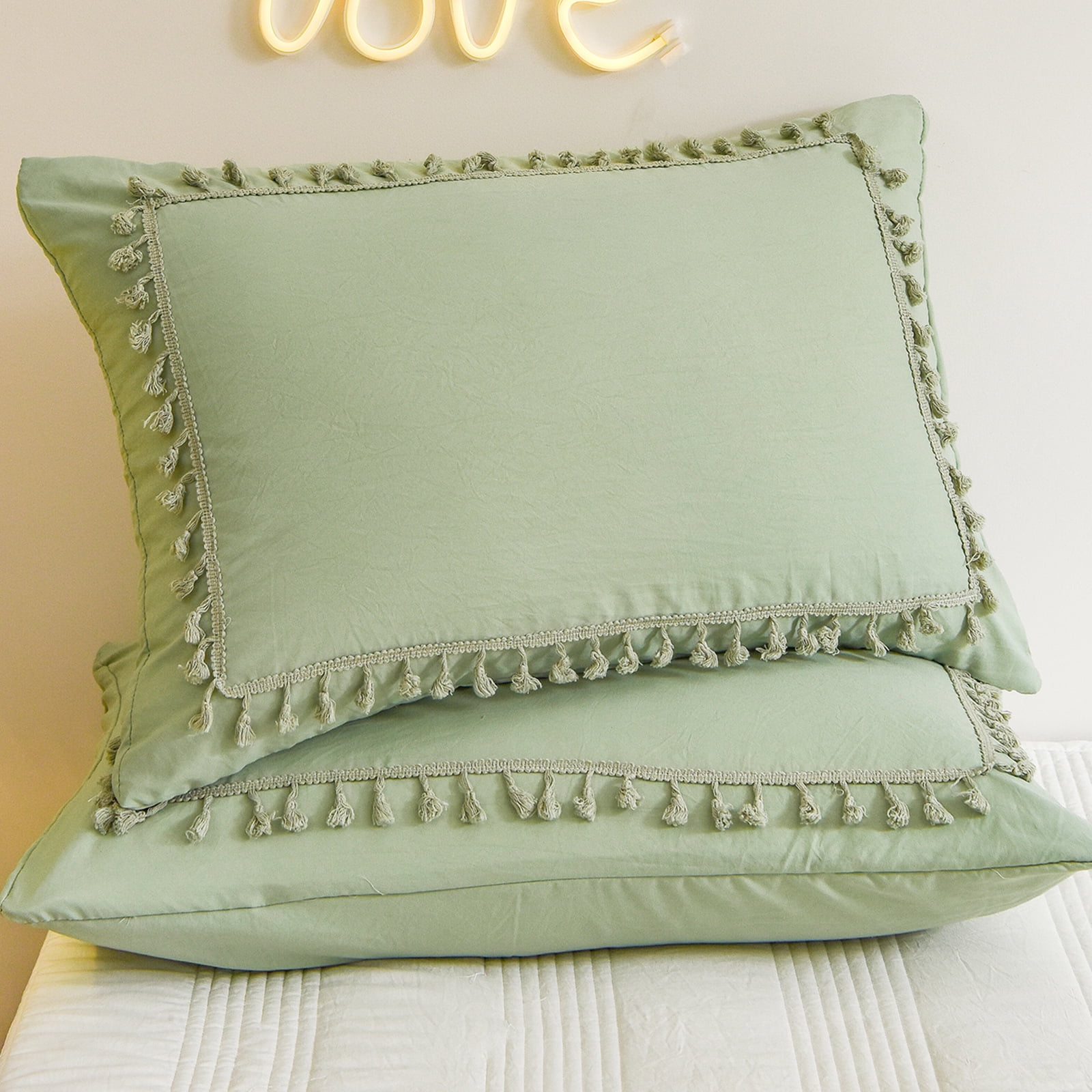 Move Over Green Tufted Tassel Bedding Set Solid Color Pattern Green Macrame Duvet Cover Set King No Filling