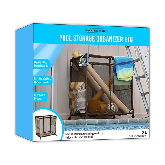 Essentially Yours Pool Floats, Balls, Toys and Equipment Rolling Mesh Organizer Storage Bin, Large, (35" W x 25.4" L x 37.5" H), (Brown), Style 455102