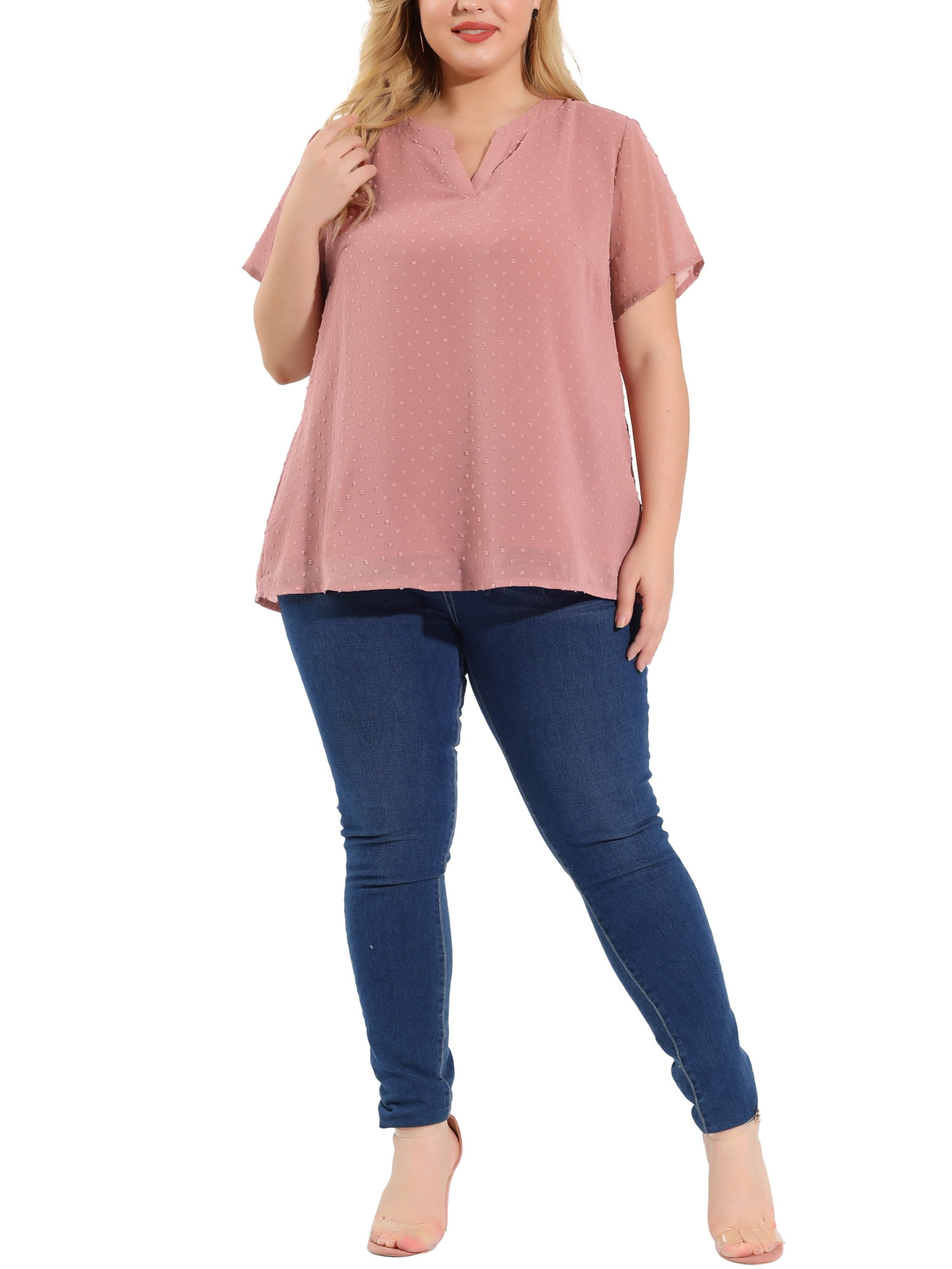 Unique Bargains Women's Plus Size Outfits Fashion Solid Pin Dots V Neck Top 4X Pink