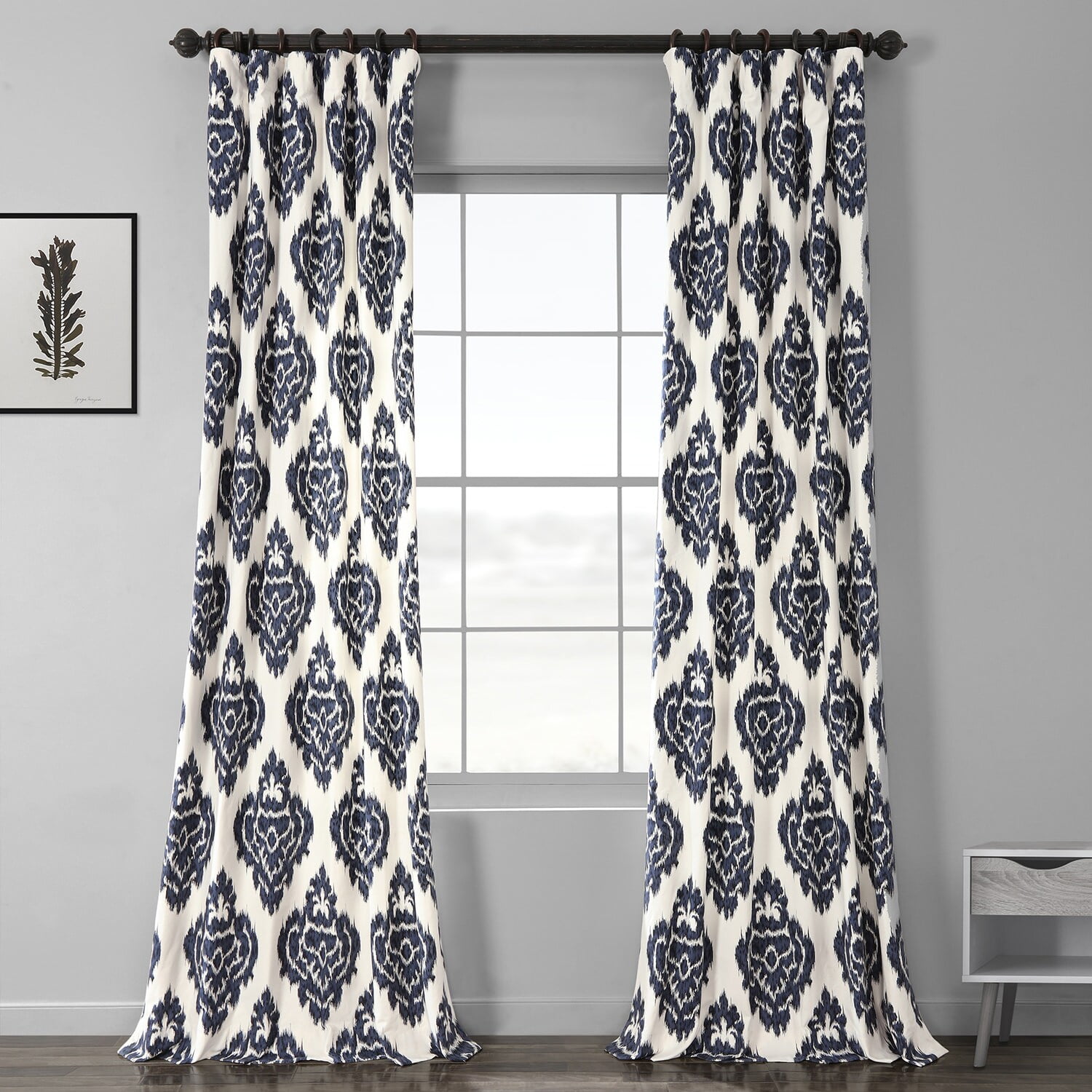 Half Price Drapes Ikat Blue Printed Cotton Curtain Panel, 50W x 84L