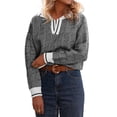 thumbnail image 2 of Long Sleeve Womens Fall Sweaters Tops Lapel V Neck Knit Sweater Color Block Casual Soft Pullover Jumper, 2 of 6