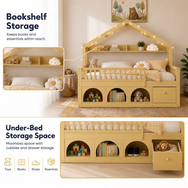 Full Size Kids Montessori Floor Bed Frame with Guardrail & Drawer, Children House Platform Bed with LED Light & Small Cat Bed