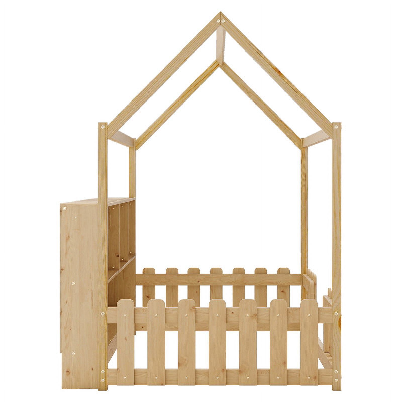 Mirightone Twin Size House Bed frame, Twin Floor Bed with High Rails & Storage Shelves, Montessori Bed with LED Light, Solid Wood House Floor Bed (Natural)