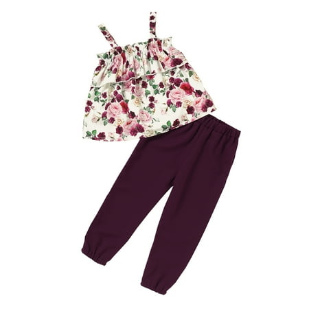 

3T Baby Girls Clothes Sleeveless Strap Floral Rrint Top+Pants 2Pcs Outfits Set 3-4T Purple