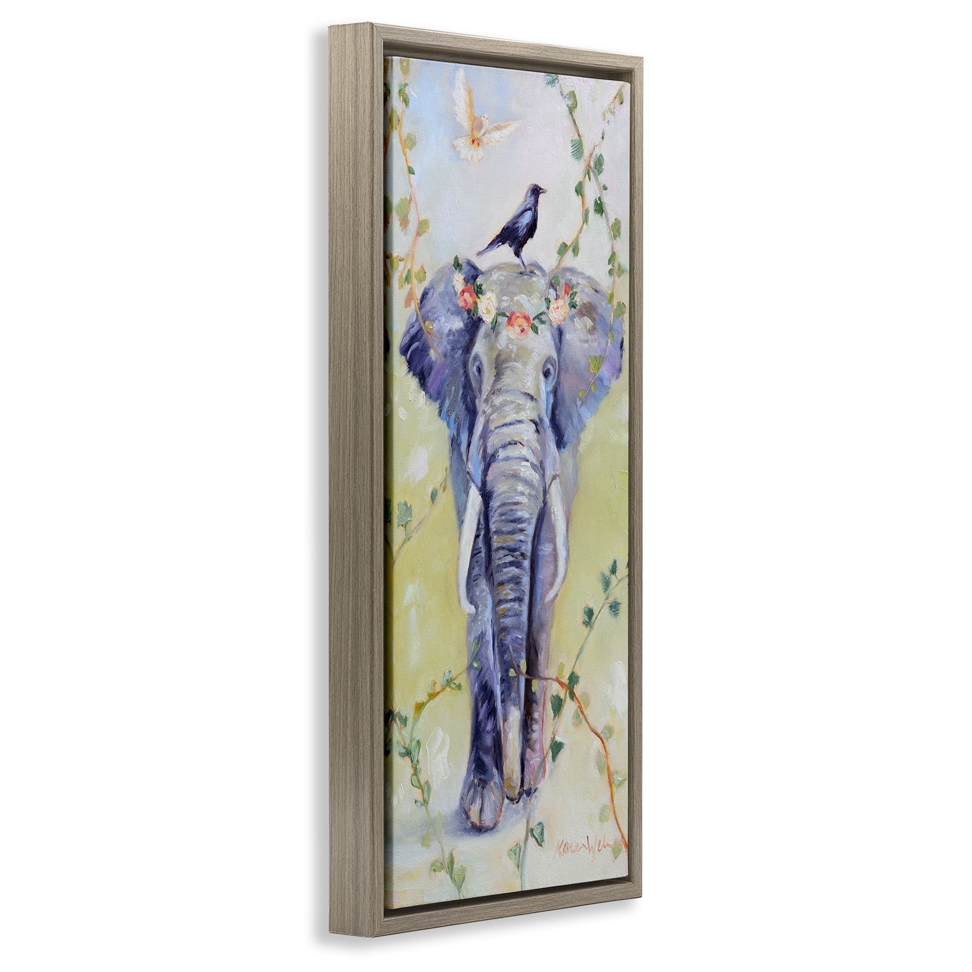Stupell Industries Bohemian Elephant with Green Vines Animals & Insects Painting Brown Floater Framed Canvas Art Print Wall Art, 11 x 25