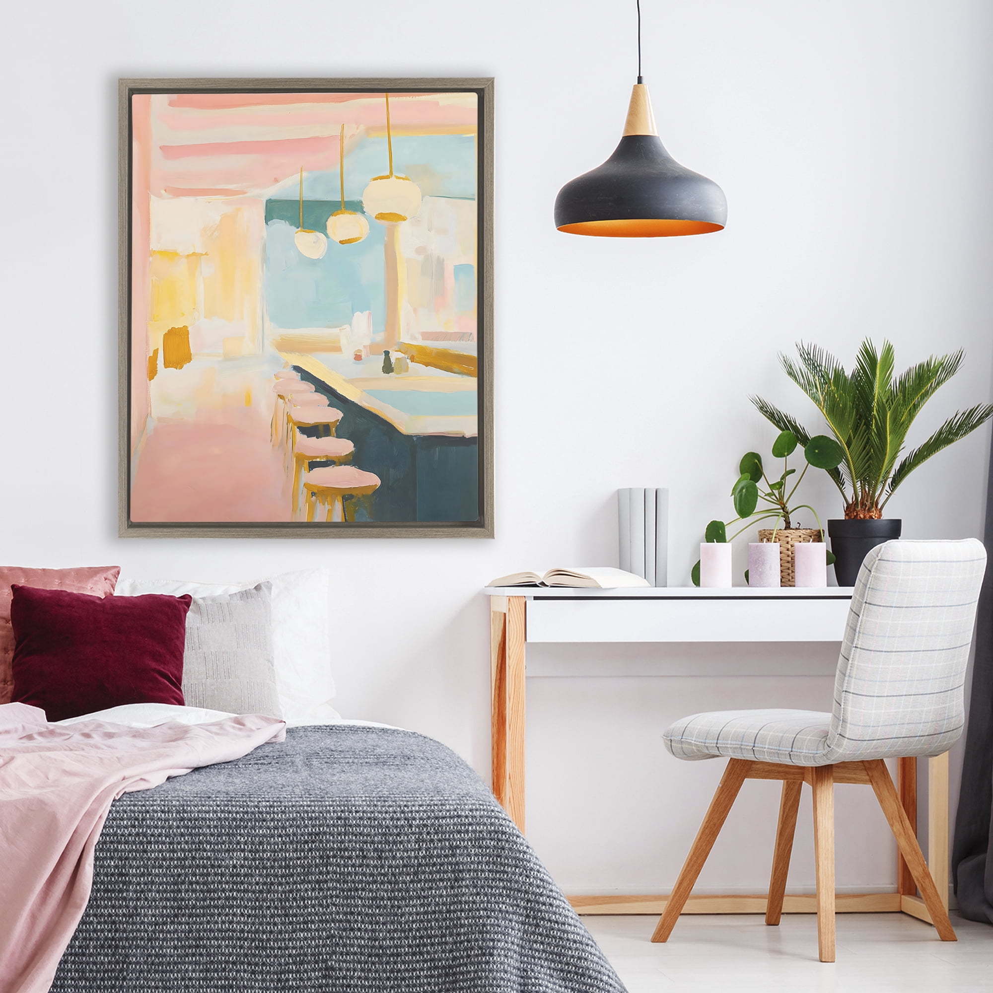 Stupell Industries Pastel Pink Bar Stools Brown Framed Floater Canvas Wall Art, design by The Prints Vibe