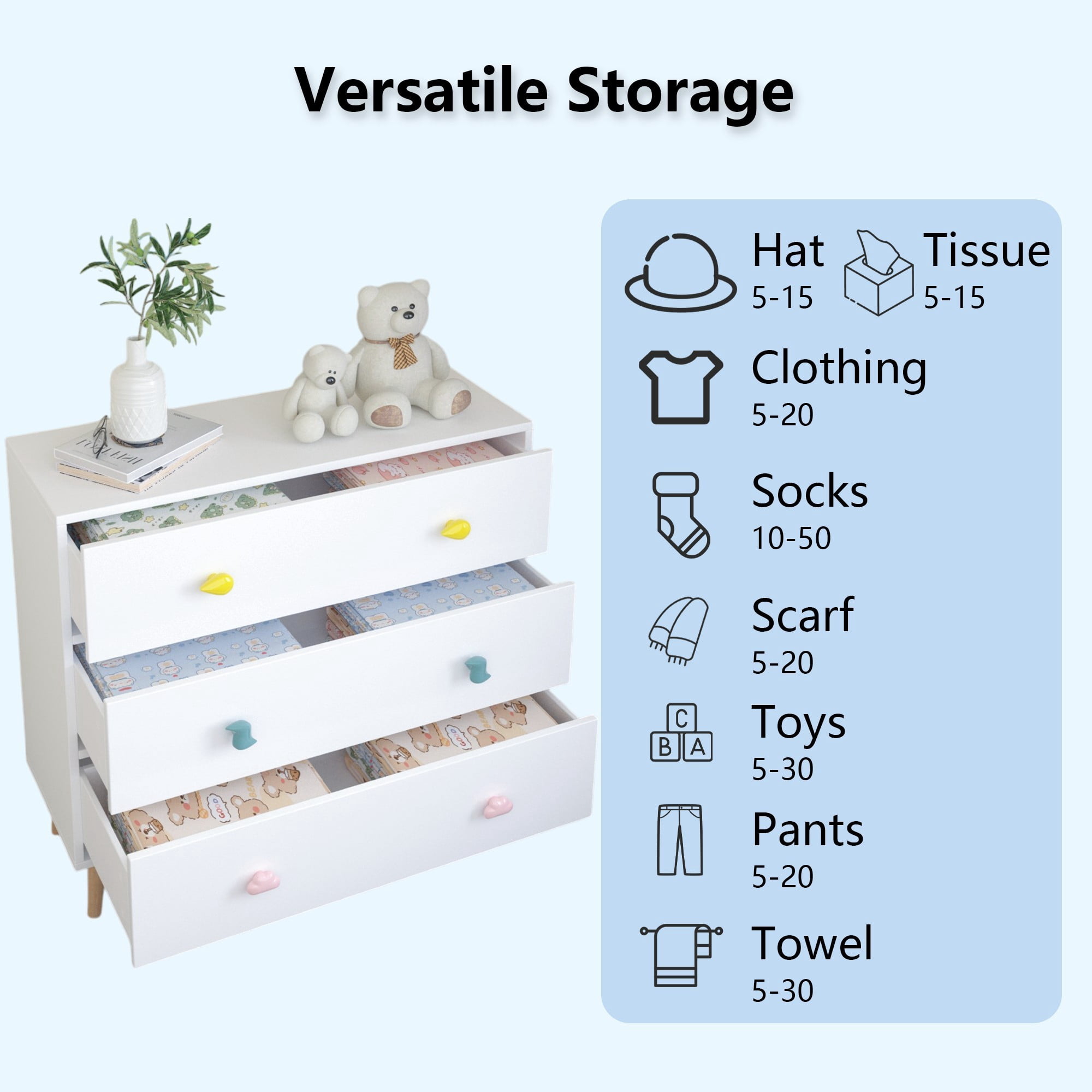 Jopath 3 Drawer Dresser Kids Nightstand Modern Wood Chest of Drawers or Living Room,Nursery,Bedroom,White03
